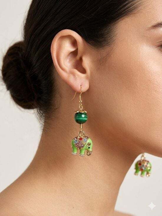 Gyhippsy Flair Jewelry & Arts Jewelry - Artisan Green Tigers Eye Hand Wrapped Rhinestone Elephant 14K Gold Earrings